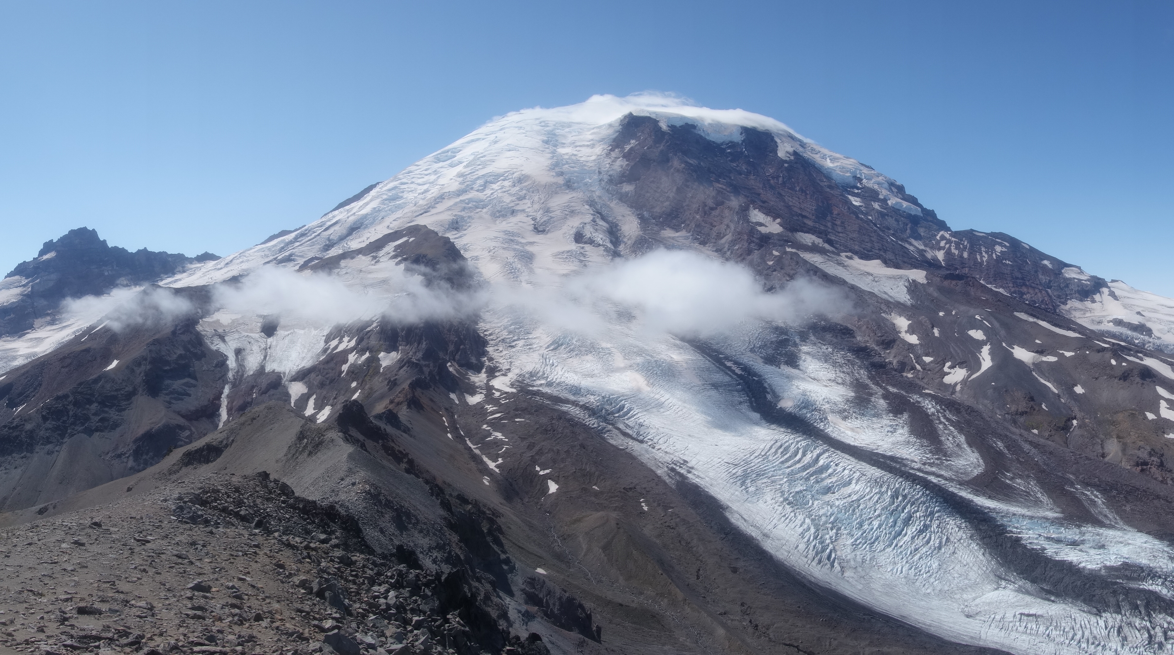 Inter Glacier at left, Mount Rainier towering